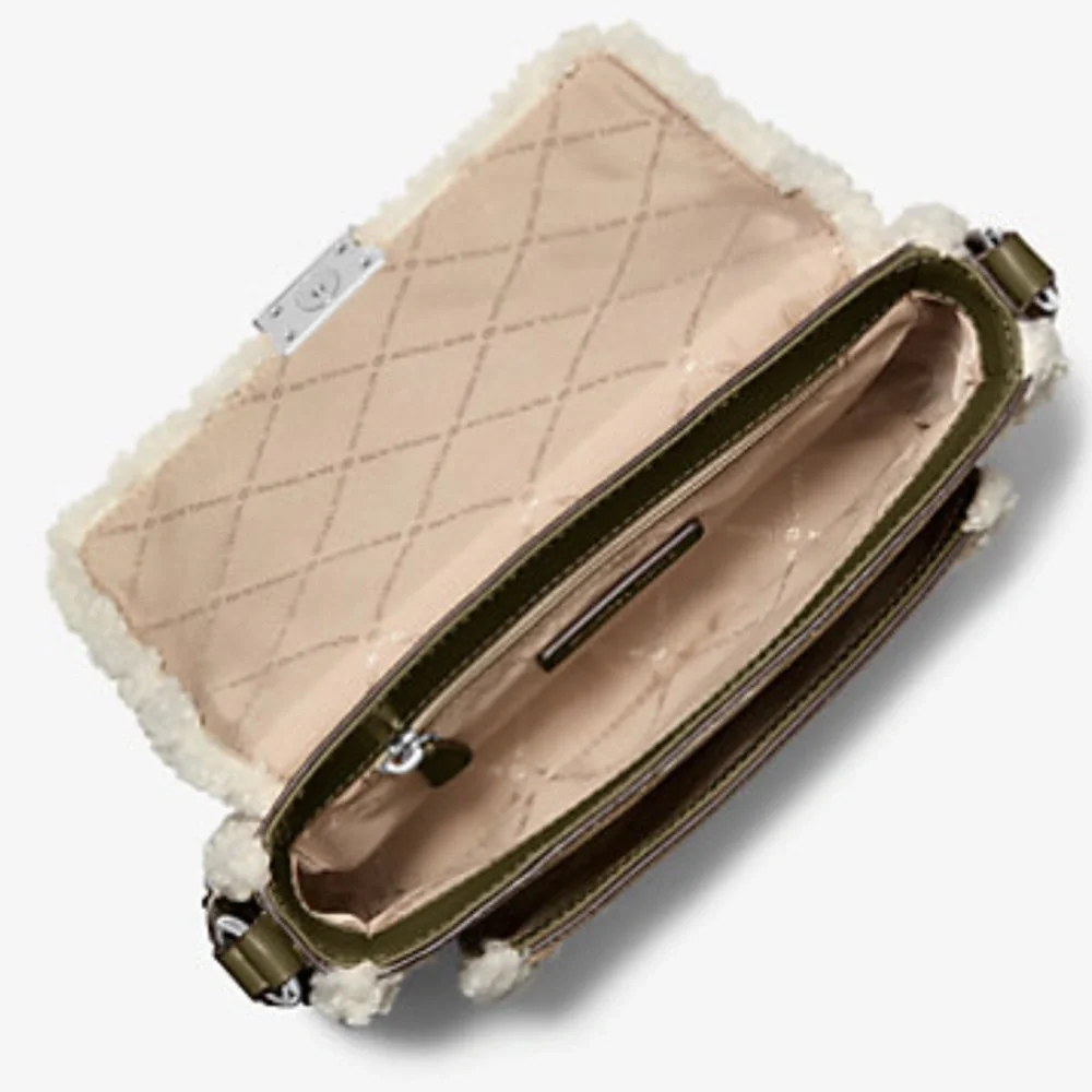 MICHAEL KORS Bradshaw Medium Suede and Faux Shearling Messenger Bag Olive  NWT